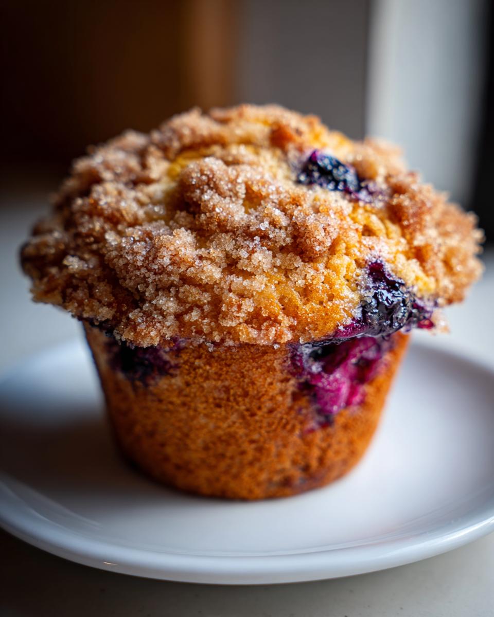 A close-up of a perfectly baked blueberry muffin with a thick, sugary streusel topping, sitting on a white plate.