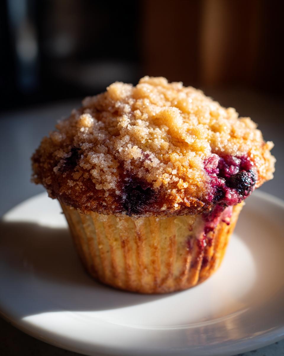 A close-up of a golden brown blueberry muffin topped with crunchy brown sugar streusel, sitting on a white plate.