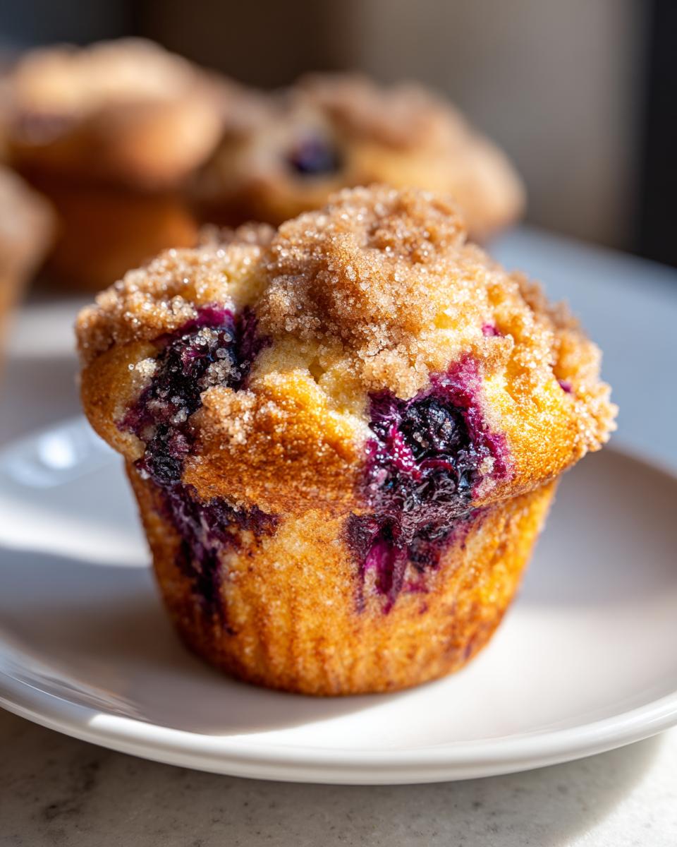 A close-up of a perfectly baked blueberry muffin with a golden-brown top covered in cinnamon sugar streusel.
