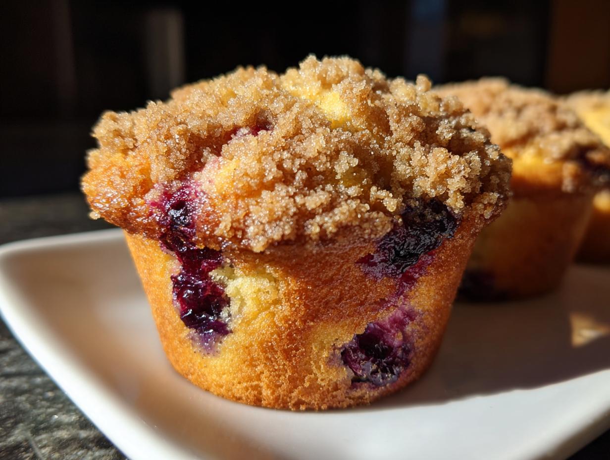 A close-up, sunlit shot of a tender blueberry muffin topped with brown sugar streusel, showing juicy blueberries baked inside.