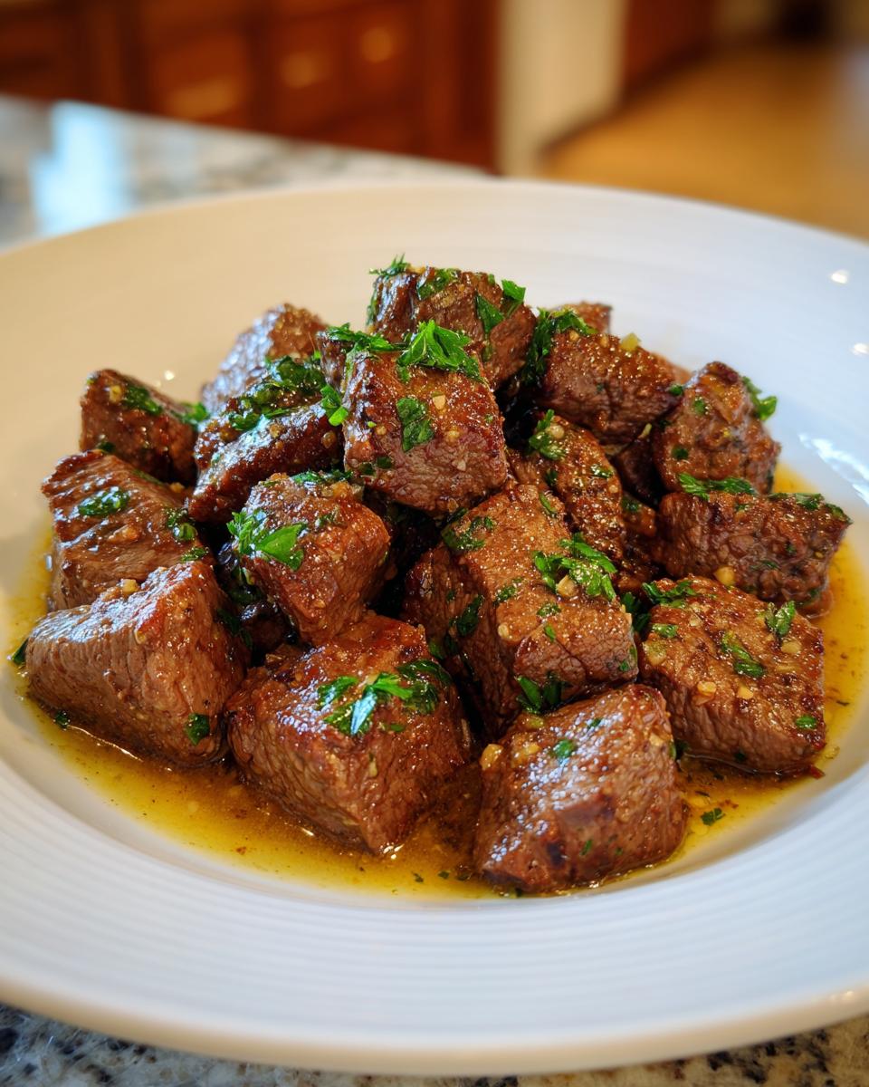 Close-up of tender, cubed crockpot steak bites coated in a buttery garlic sauce and sprinkled with fresh parsley.