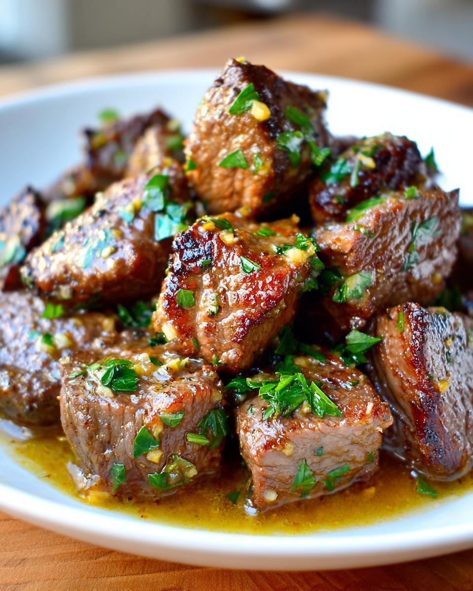 Close-up of tender, cubed crockpot steak bites coated in a rich, buttery garlic and parsley sauce.