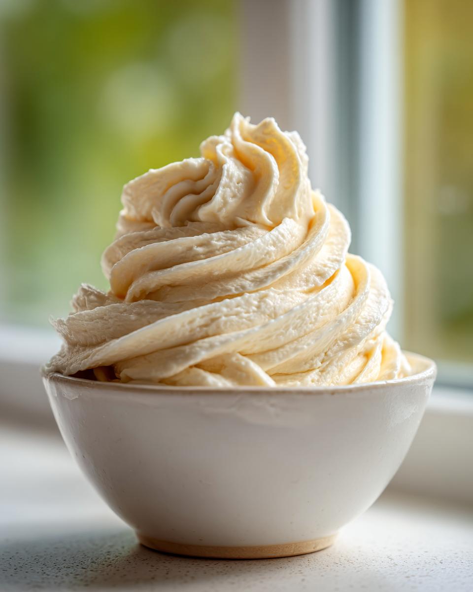 A tall, perfectly piped swirl of creamy vanilla buttercream frosting sits in a small white bowl.