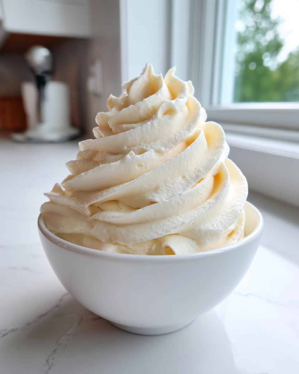 A tall, perfectly piped swirl of creamy, pale yellow vanilla buttercream frosting served in a small white bowl.