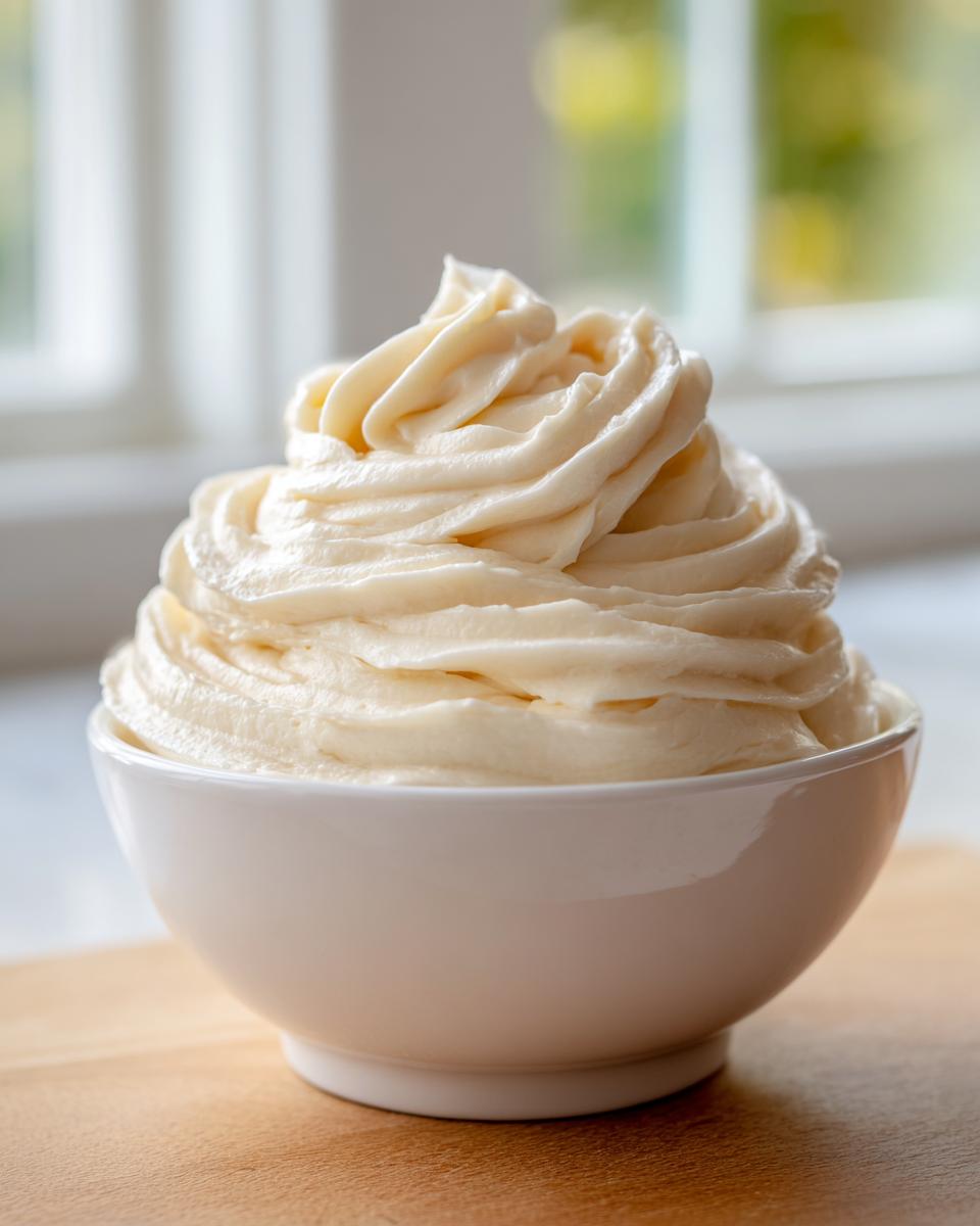 A close-up of fluffy, pale yellow vanilla buttercream frosting swirled high in a white bowl.