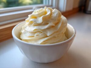 A close-up of perfectly piped, creamy vanilla buttercream frosting in a small white bowl.