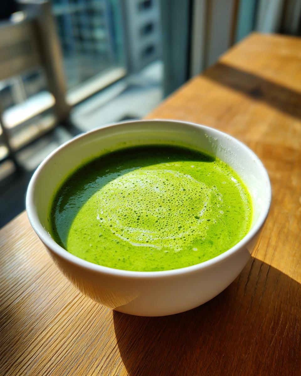 Close-up of vibrant green asparagus soup with a foamy swirl, served in a white bowl on a wooden table.
