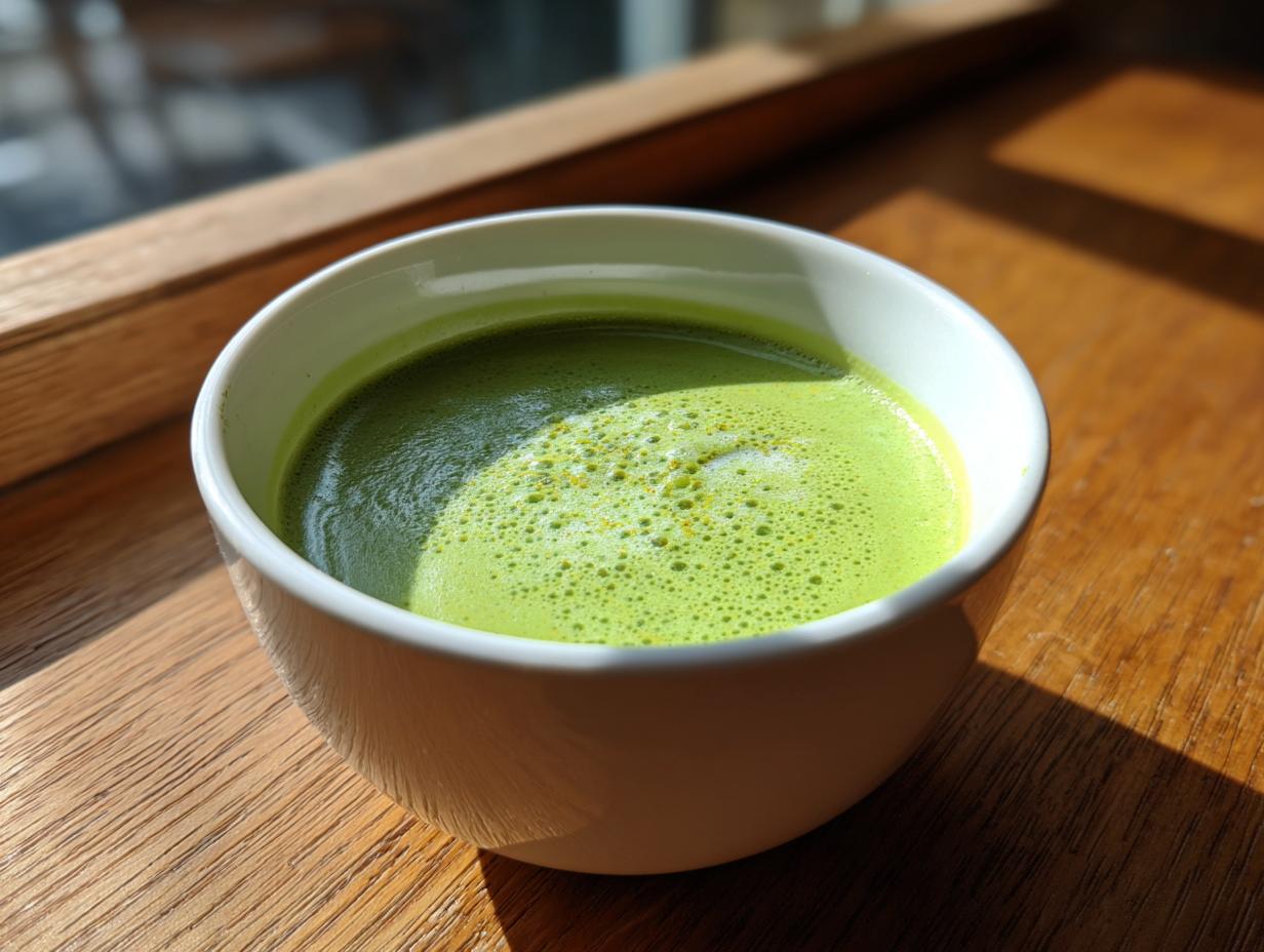 Close-up of a vibrant green, foamy asparagus soup served in a white bowl on a wooden surface.