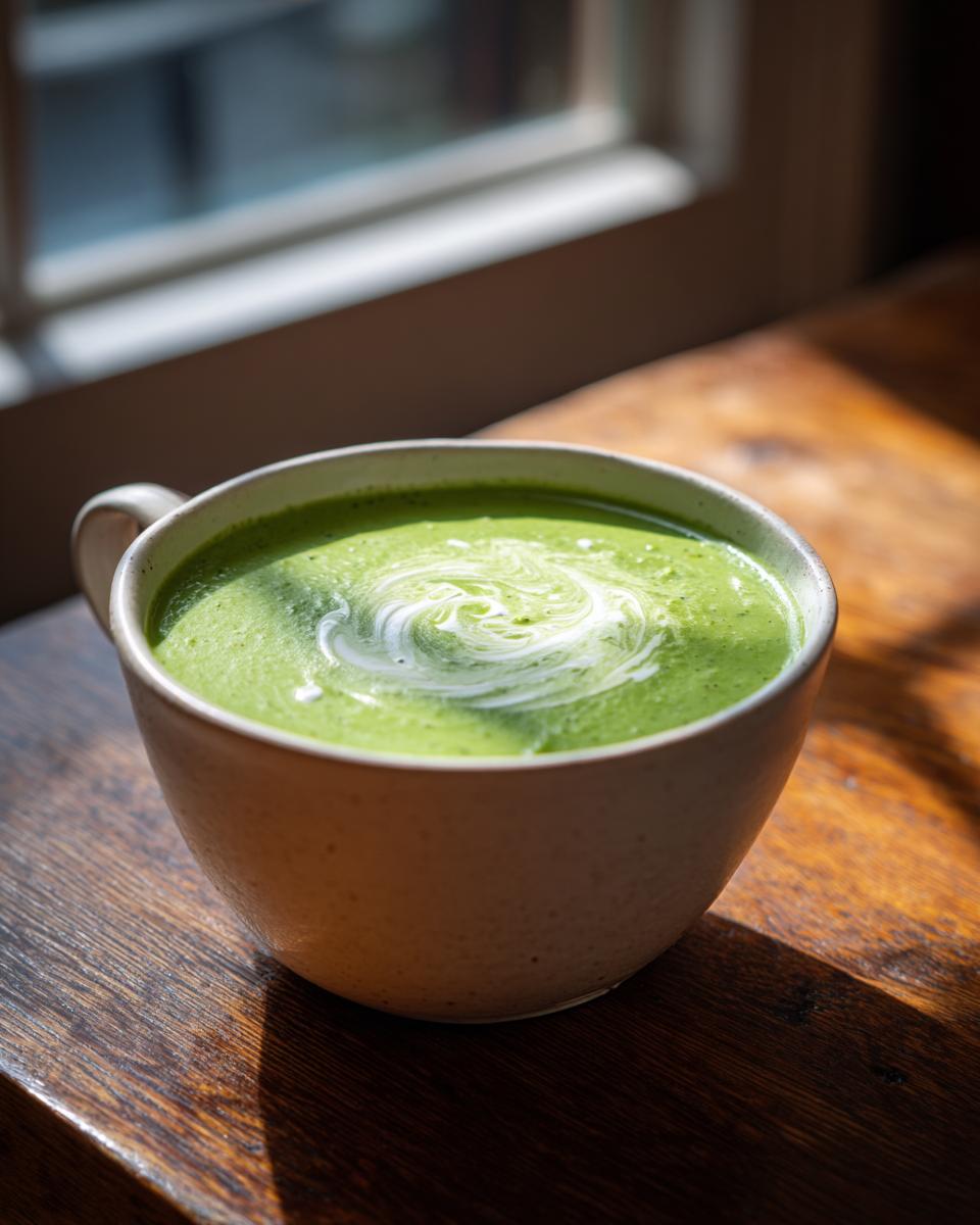 A vibrant green asparagus soup topped with a swirl of cream, served in a rustic mug by a sunlit window.