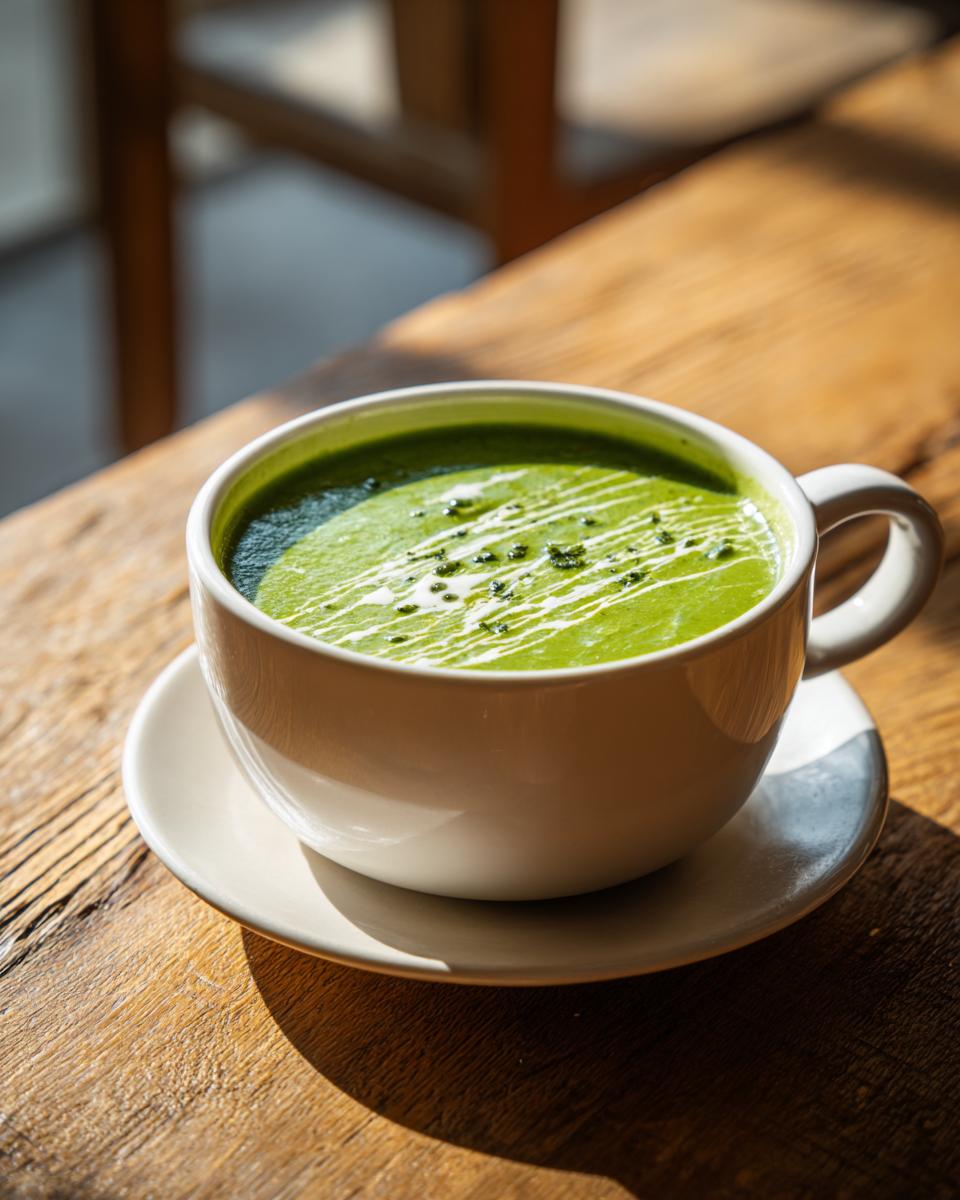 A vibrant green asparagus soup served in a white mug, garnished with cream swirls and herbs, sitting on a wooden table.