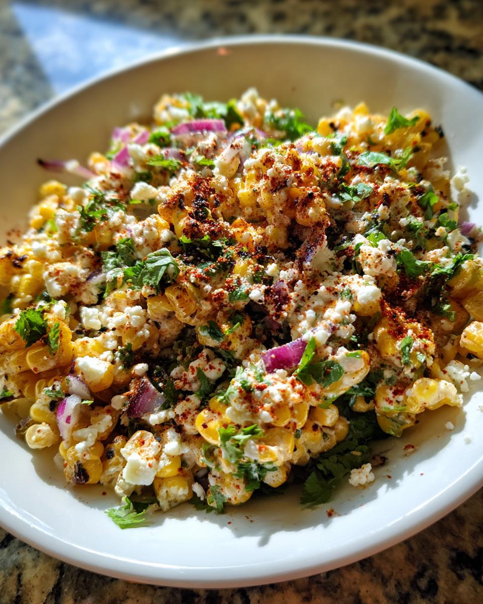 A close-up of a vibrant street corn salad featuring charred corn kernels, crumbled white cheese, red onion, and chili powder.