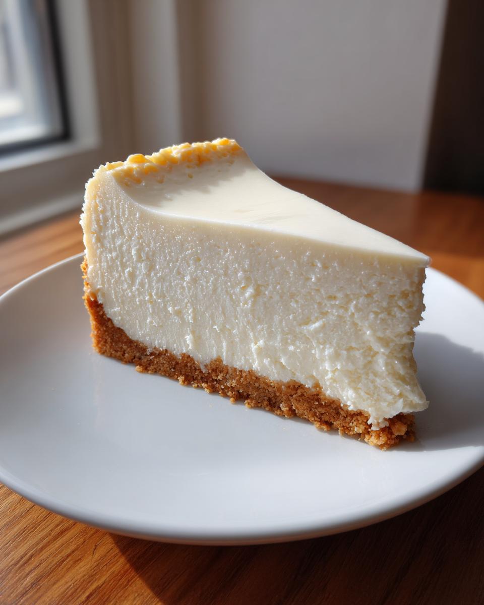 A thick, creamy slice of white chocolate cheesecake with a graham cracker crust served on a white plate.