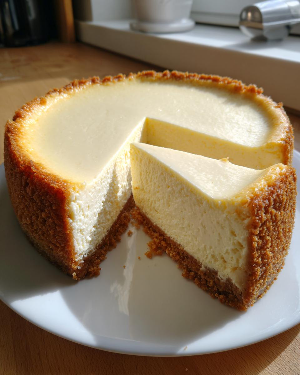 A perfectly baked white chocolate cheesecake with a thick graham cracker crust, showing one slice cut out.
