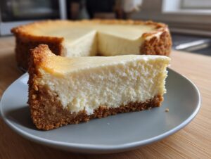 A thick slice of creamy white chocolate cheesecake with a graham cracker crust on a grey plate.