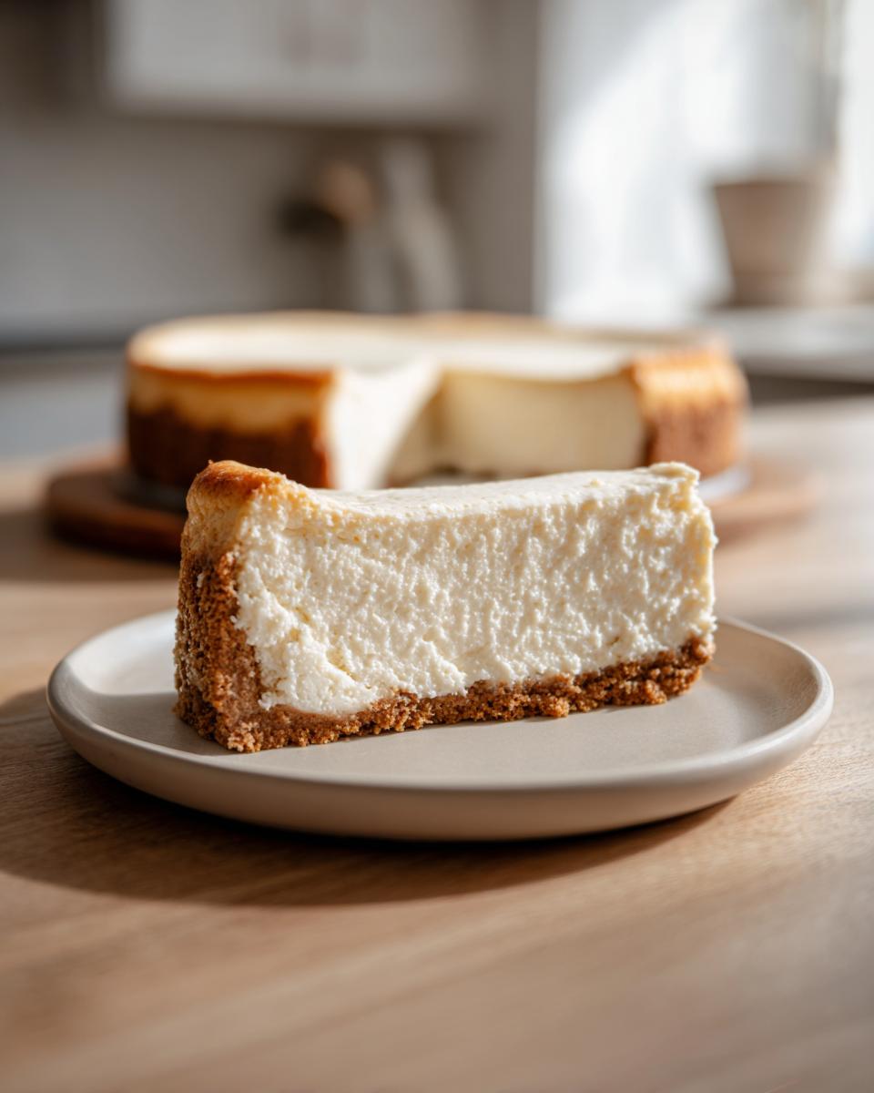 A close-up of a creamy slice of white chocolate cheesecake on a small plate with the rest of the cake blurred in the background.