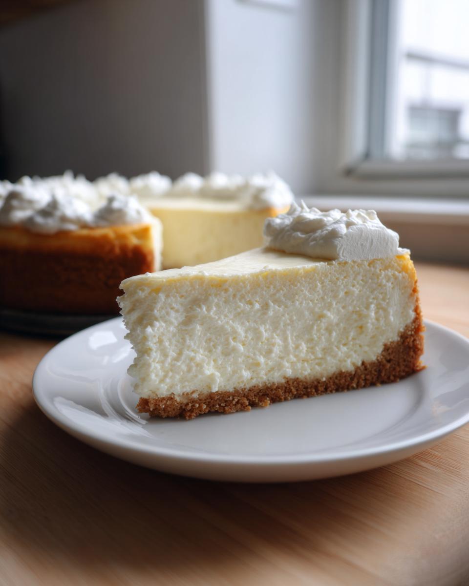 A thick slice of creamy white chocolate cheesecake on a white plate, topped with whipped cream. More cheesecakes are visible in the background.