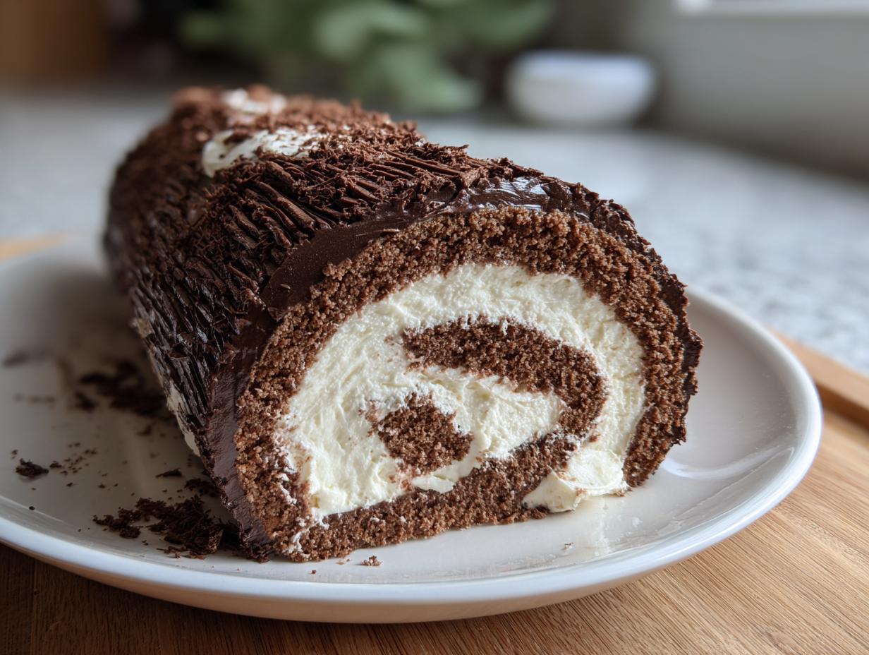 A close-up of a slice of chocolate yule log cake showing the swirl of dark chocolate sponge and white cream filling.