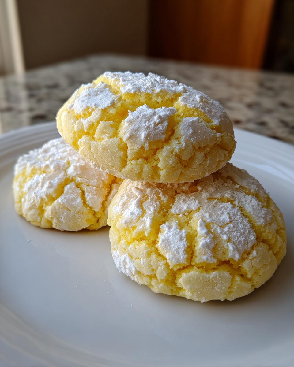 A stack of three bright yellow lemon crinkle cookies dusted heavily with powdered sugar, resting on a white plate.