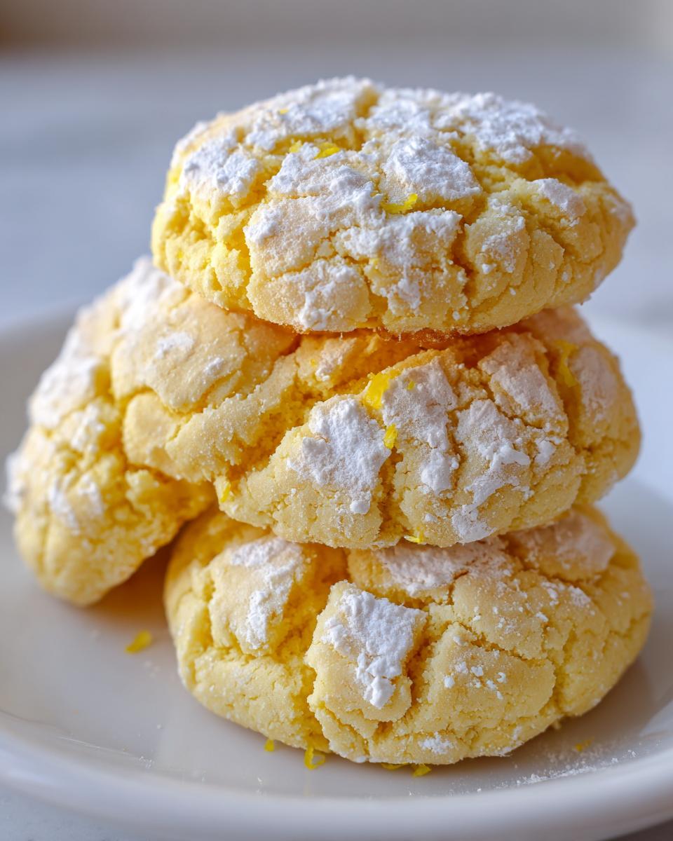 A stack of three bright yellow lemon crinkle cookies generously dusted with white powdered sugar.