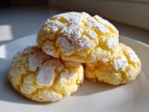 Three bright yellow lemon crinkle cookies heavily dusted with powdered sugar, stacked on a white plate.