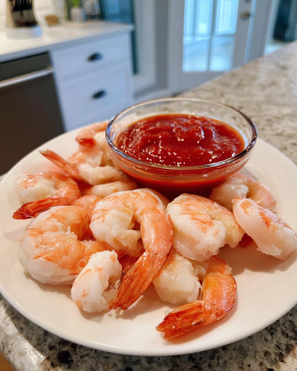 A white plate featuring chilled, cooked shrimp surrounding a small glass bowl of bright red sauce for shrimp cocktail.