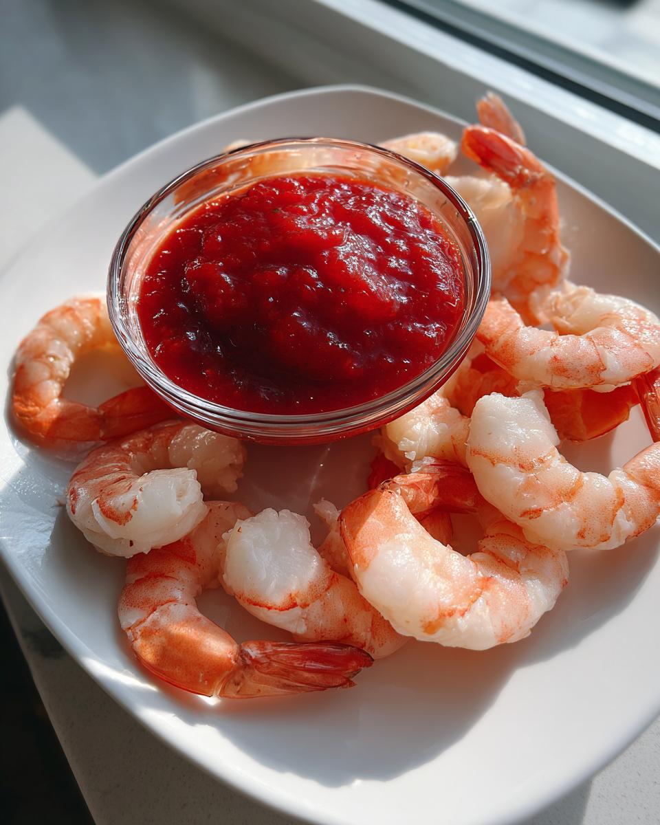 A plate of chilled, cooked shrimp surrounding a small glass bowl of bright red sauce for shrimp cocktail.