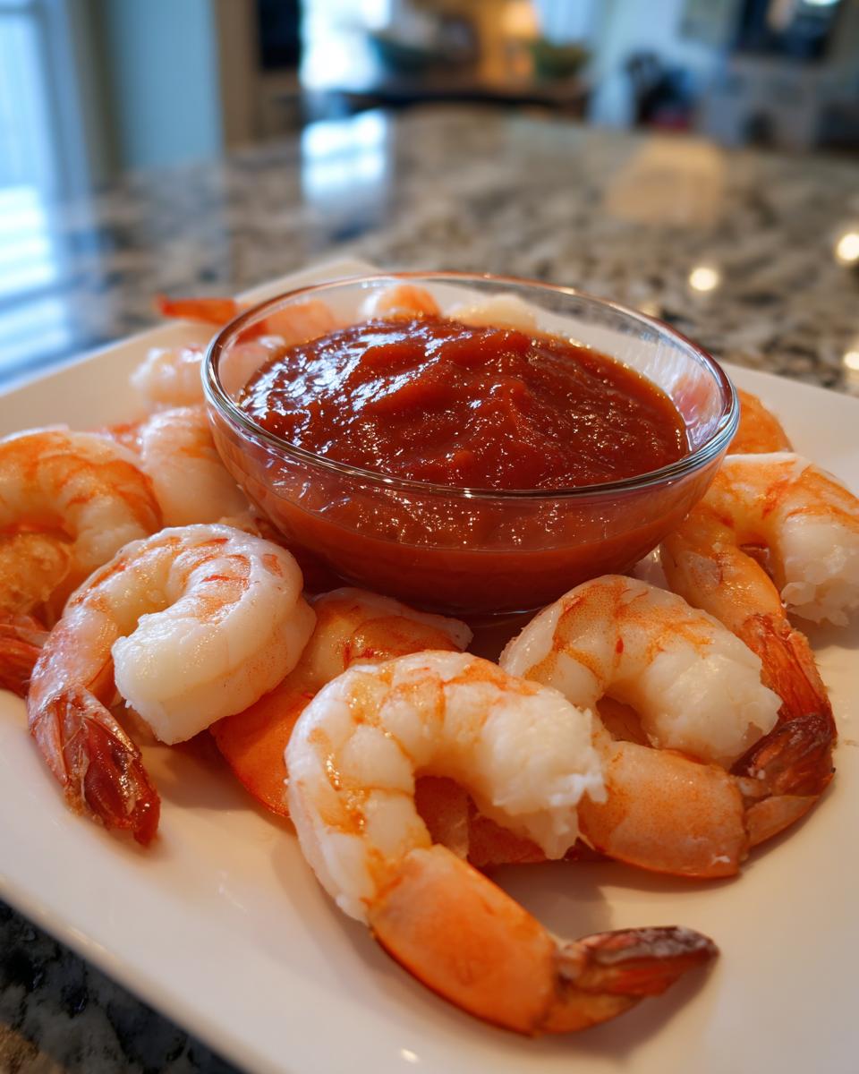 Plump, chilled shrimp arranged around a small glass bowl of rich red sauce for shrimp cocktail.