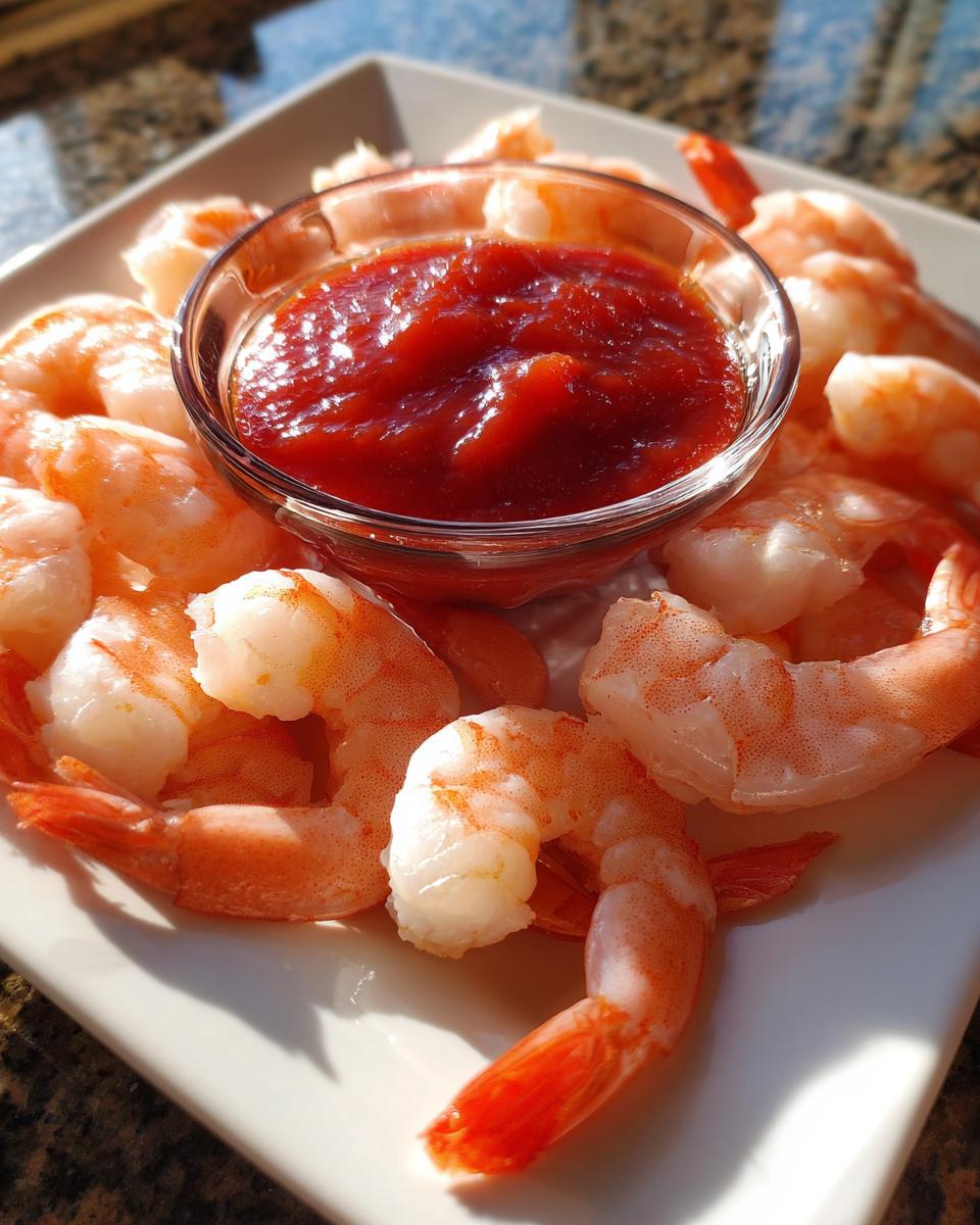 A plate of chilled, cooked shrimp surrounding a small glass bowl of bright red shrimp cocktail sauce.