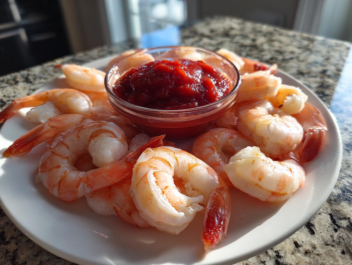 A plate of chilled, cooked shrimp surrounding a small bowl of dark red cocktail sauce for a perfect shrimp cocktail.