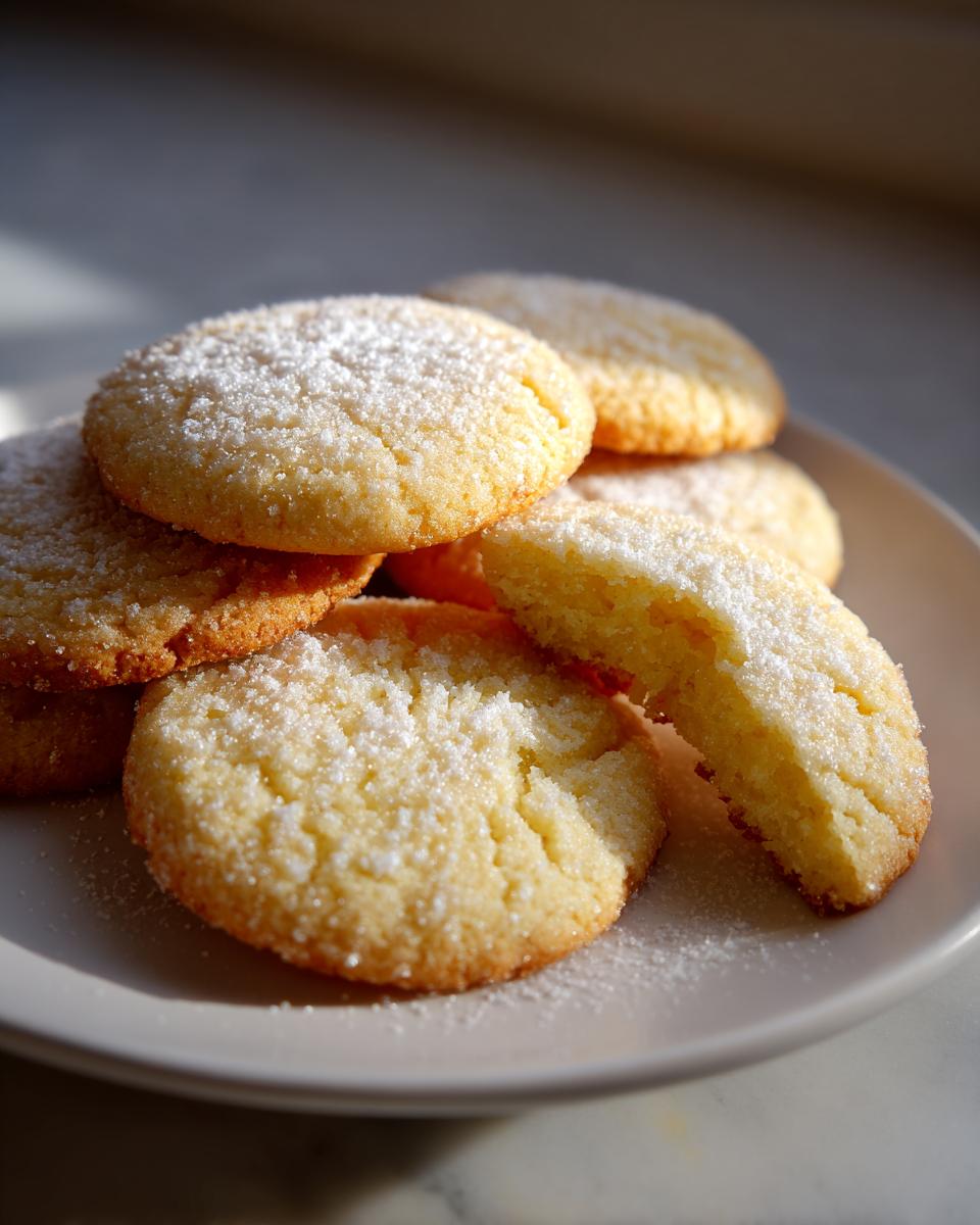 A stack of golden 3-ingredient butter cookies dusted with powdered sugar on a light plate.