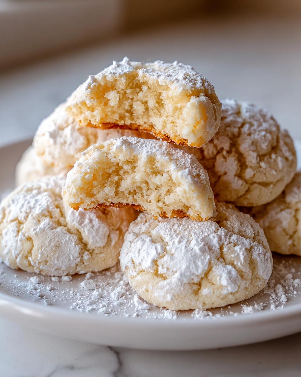A stack of soft, powdered sugar-dusted 3-ingredient butter cookies, one broken open to show the crumb.