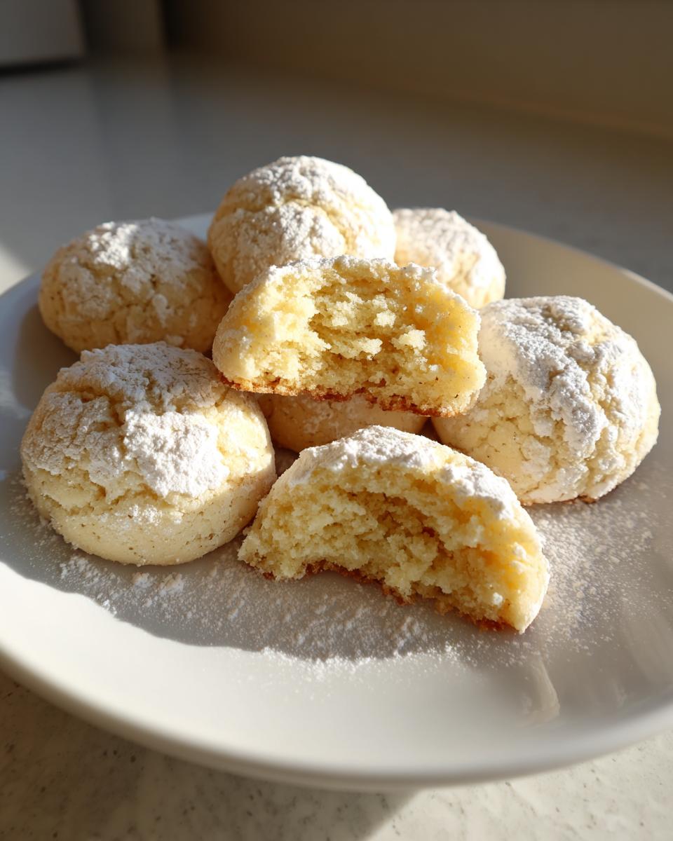 A stack of soft, round 3-ingredient butter cookies dusted heavily with powdered sugar, one cookie broken open to show the crumb.