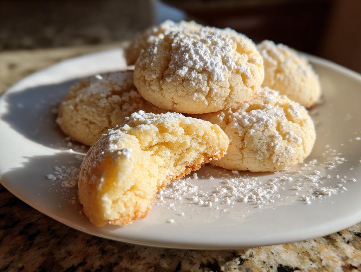 A stack of soft, pale 3-ingredient butter cookies dusted heavily with powdered sugar on a white plate.
