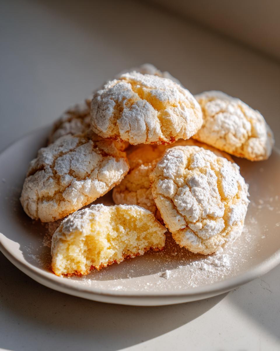A pile of soft, cracked 3-ingredient butter cookies generously dusted with powdered sugar on a light plate.