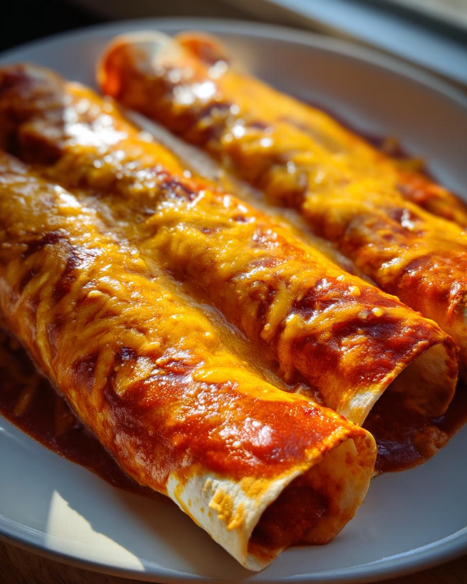 Close-up of three rolled tortillas covered in red sauce and melted cheddar cheese, classic cheese enchiladas.