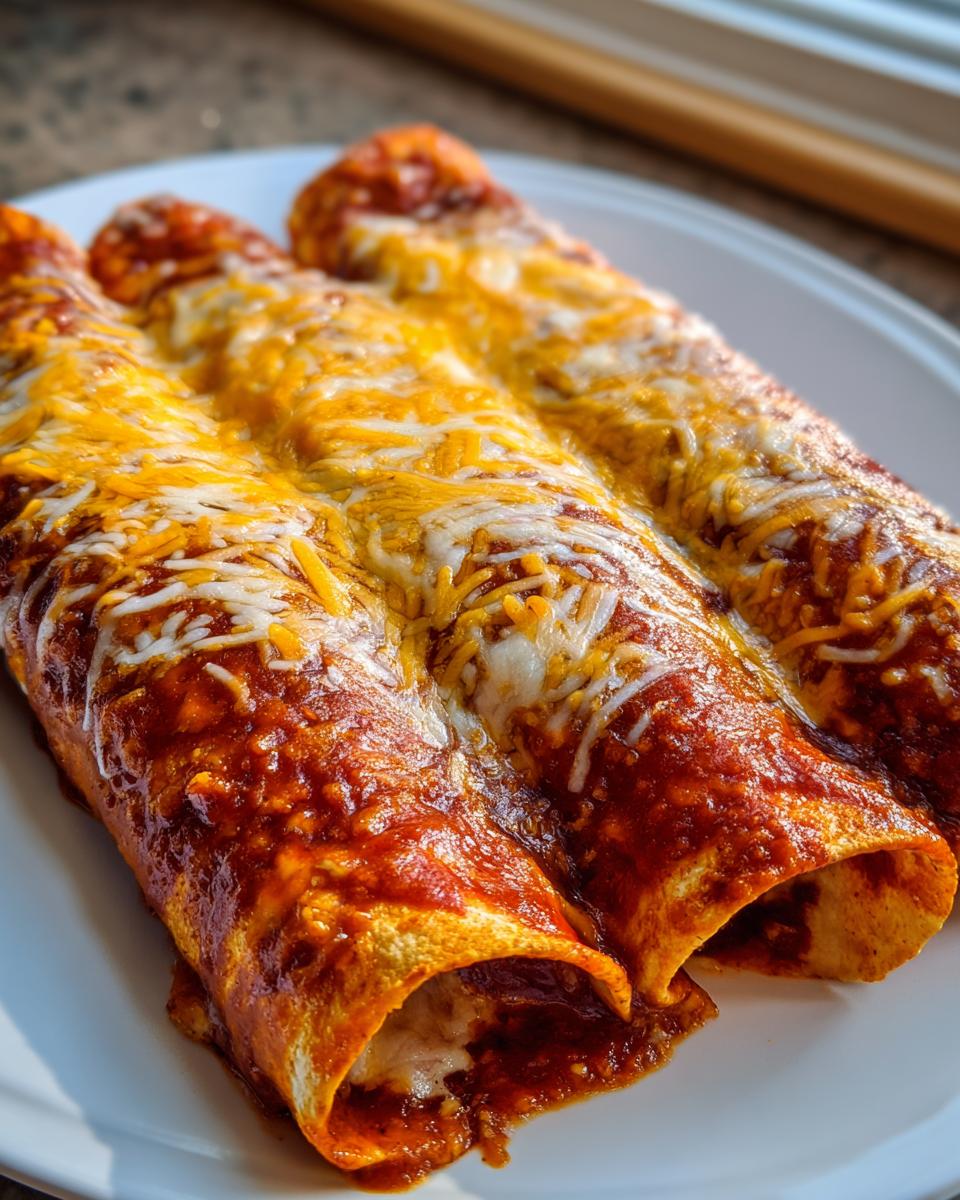 Close-up of three rolled cheese enchiladas covered in rich red sauce and melted shredded cheddar and Monterey Jack cheese.