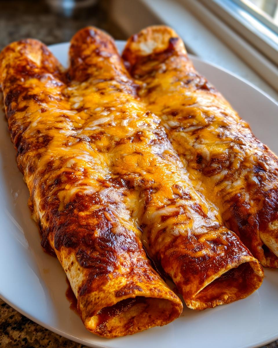 Three rolled cheese enchiladas covered in rich red sauce and melted orange and white cheese.
