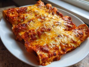 Close-up of three baked cheese enchiladas covered in bubbling red sauce and melted golden cheese.