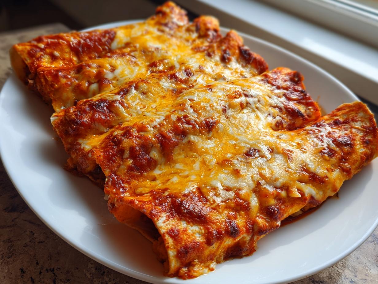 Close-up of three baked cheese enchiladas covered in bubbling red sauce and melted golden cheese.