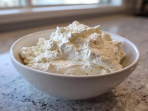 A close-up of fluffy, creamy white blue cheese dip mounded high in a simple white bowl.