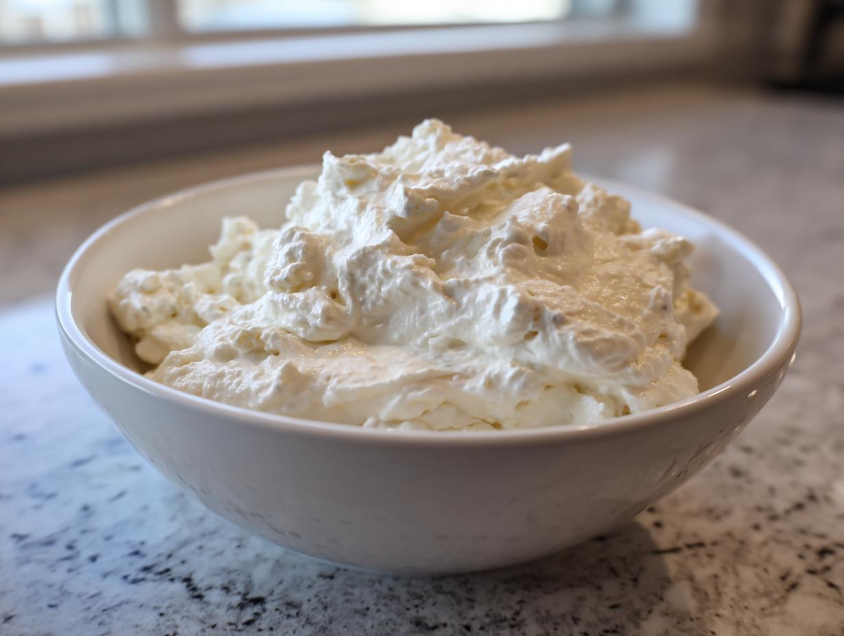 A close-up of fluffy, creamy white blue cheese dip mounded high in a simple white bowl.