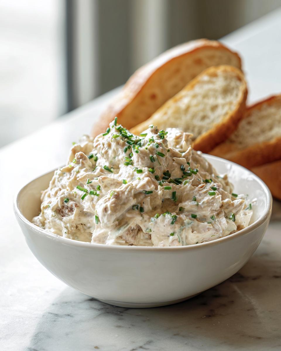 A white bowl filled with creamy clam dip, garnished with fresh chives, served next to sliced baguette.