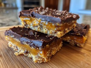 Three stacked squares of rich graham cracker toffee with a thick caramel layer and chocolate topping.