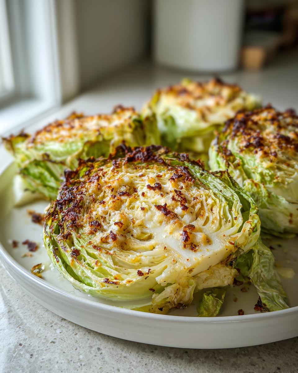 Four roasted cabbage wedges served on a white plate, featuring a browned, cheesy topping for this amazing cabbage recipe.