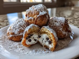 A plate of golden brown cannoli cookies dusted heavily with powdered sugar, one cookie is cut open showing creamy filling and mini chocolate chips.