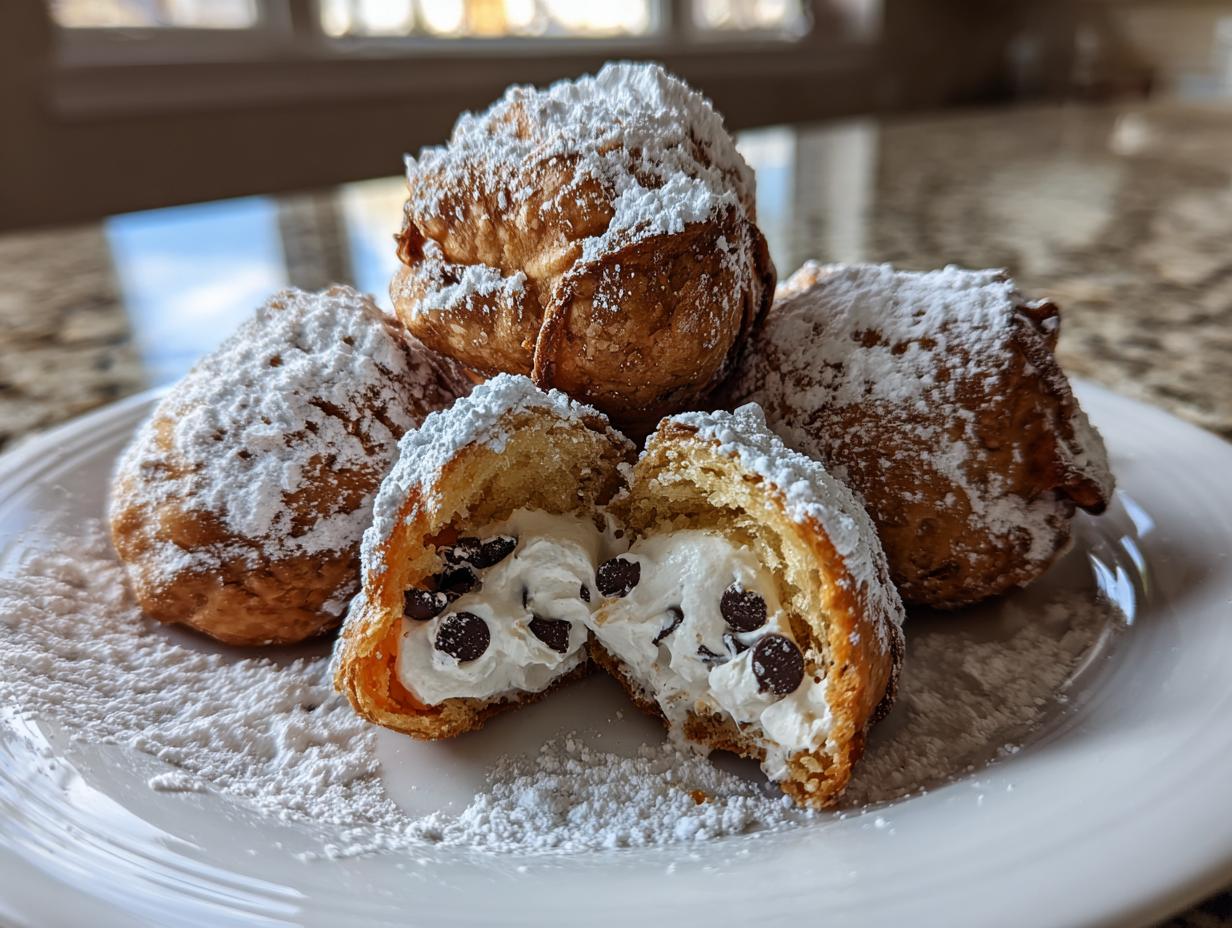 A plate of golden brown cannoli cookies dusted heavily with powdered sugar, one cookie is cut open showing creamy filling and mini chocolate chips.