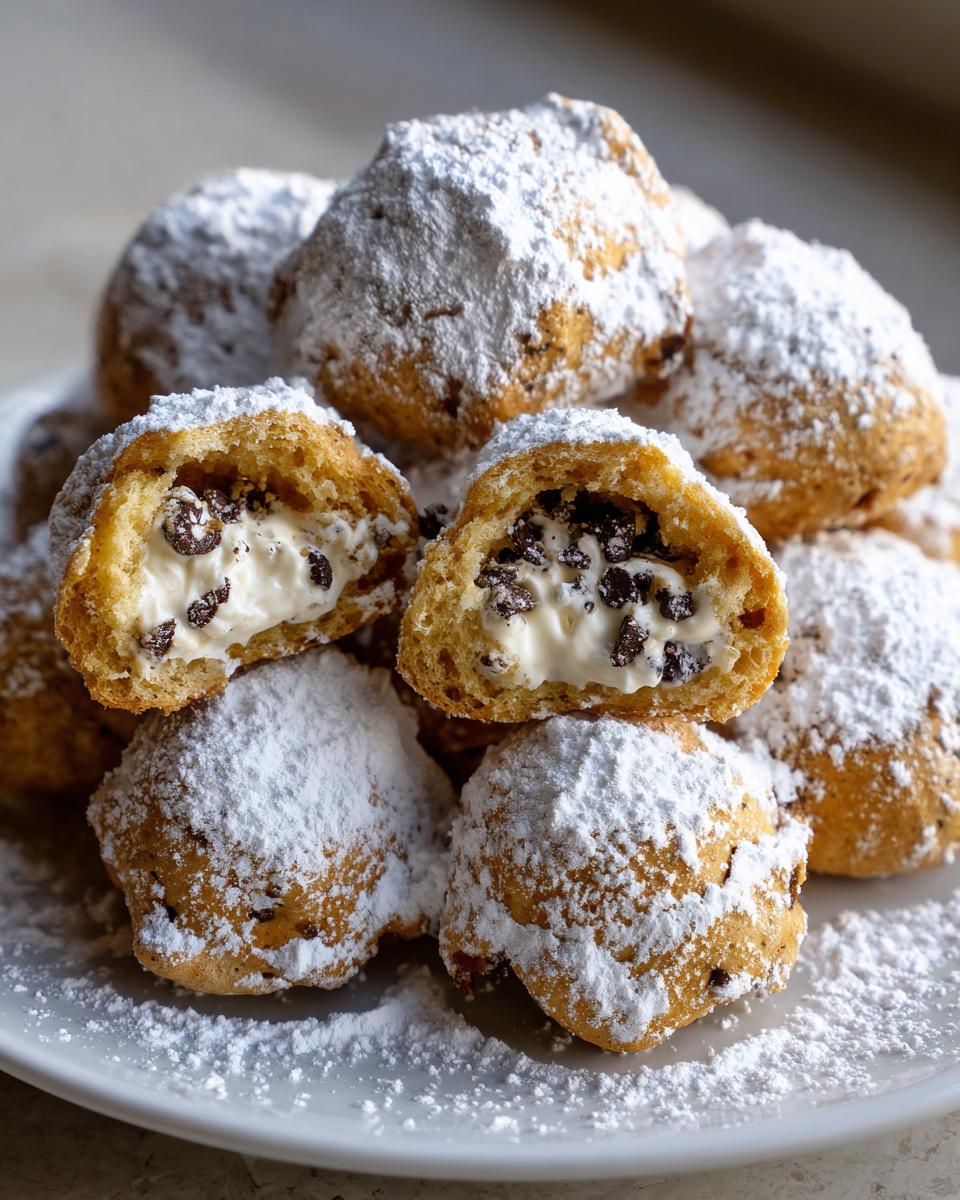 A stack of golden-brown cannoli cookies generously dusted with powdered sugar, one cookie cut open to show creamy filling and mini chocolate chips.