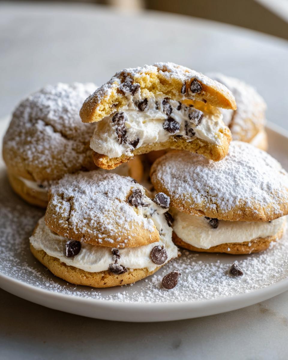 A stack of delicious cannoli cookies filled with creamy ricotta and mini chocolate chips, dusted heavily with powdered sugar.