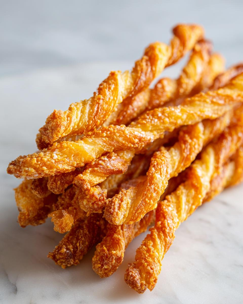 A close-up stack of flaky, golden-brown cheese straws dusted with visible cheese and seasoning.