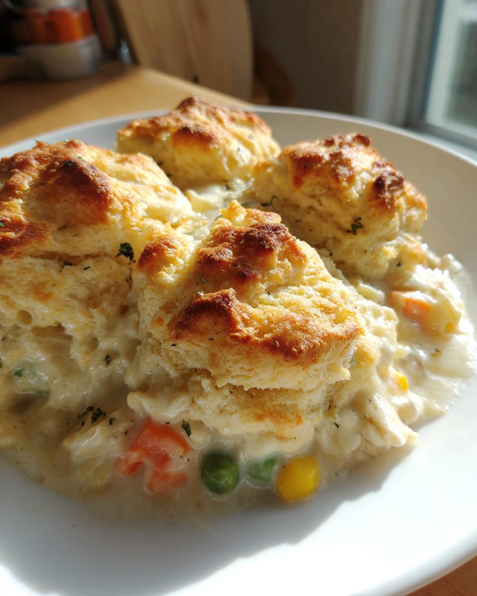 Close-up of a bowl of creamy chicken pot topped with four golden, fluffy biscuits.